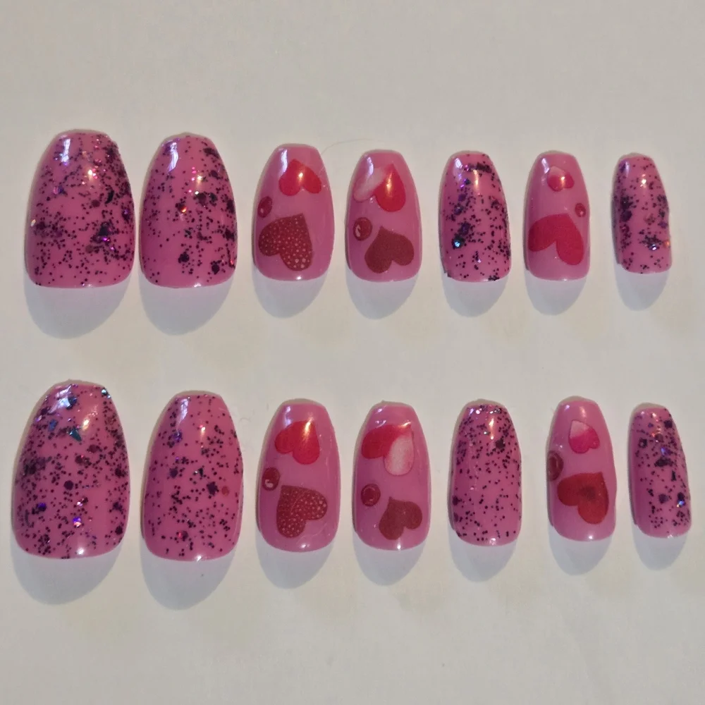 Pink Heart and Glitter Press-On Nails